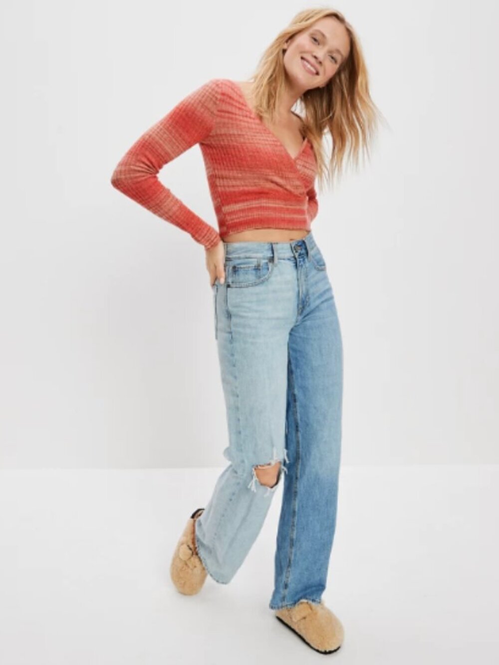 AE Wrap Front Ribbed Knit Space Dye Patterned Crop Sweater Women's Size Medium